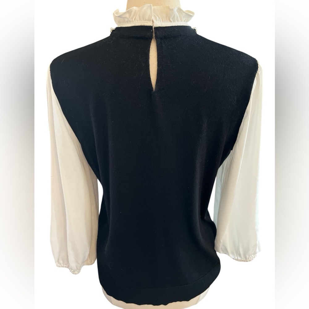 Cable & Gauge twofer sweater black knit body ivory poplin sleeves ruffle neck XL - Picture 4 of 15